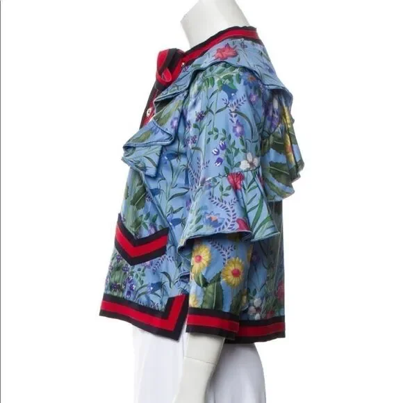 Gucci Blue Flora Ruffled Silk Blouse Jacket Navy Red Web Trim & GG Buttons SZ S - Picture 6 of 10